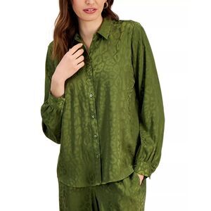 JM Collection Womens XL New Avocado Green Satin Jacquard Button Up Top NWT BR13